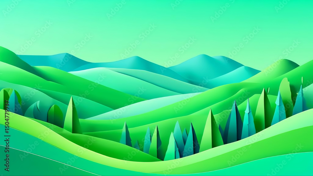 Obraz premium A green mountain landscape with trees and a clear blue sky. The mountains are covered in lush green grass and the trees are tall and green. The scene is peaceful and serene, with the mountains