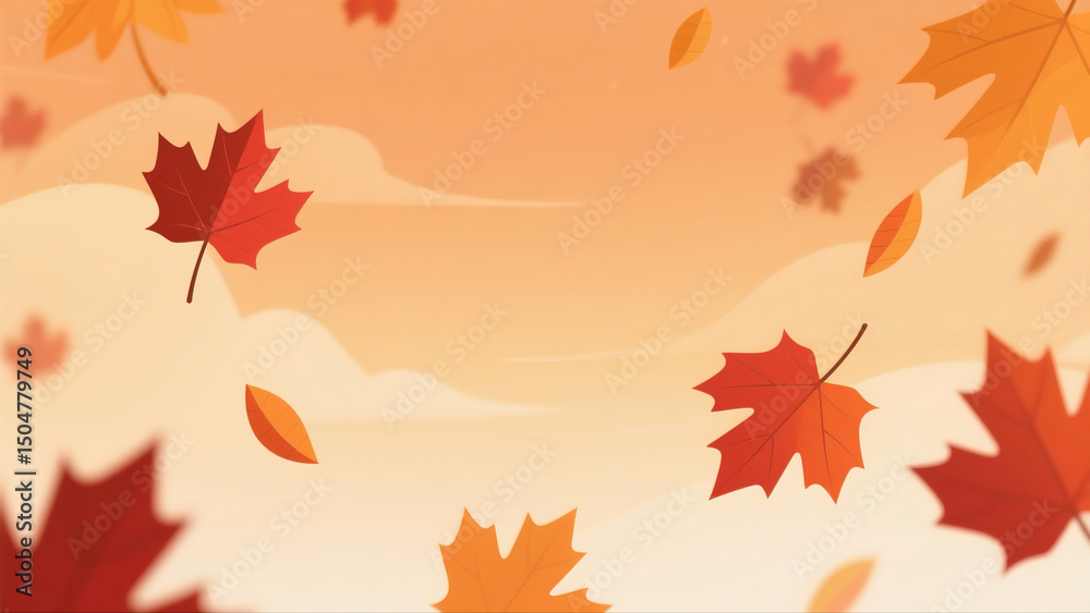 Obraz premium A fall scene with leaves falling from the sky. The leaves are orange and scattered throughout the image