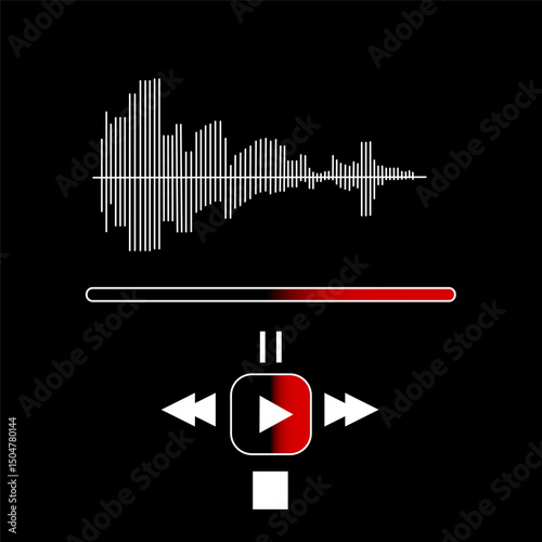 Sound wave icon. Music player symbol. Red progress bar. Vector control panel.