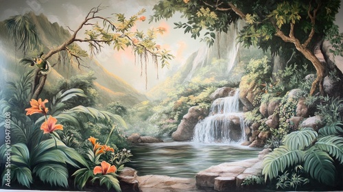 Lush tropical waterfall landscape painting photo