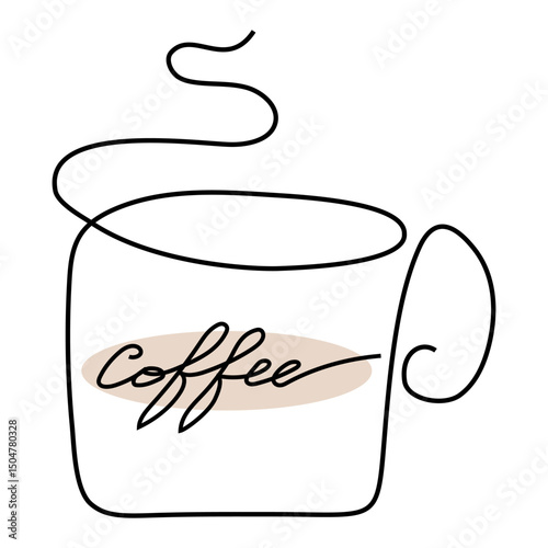 Coffee cup illustration. Minimal line art. Black vector with beige text. Steam swirl detail.