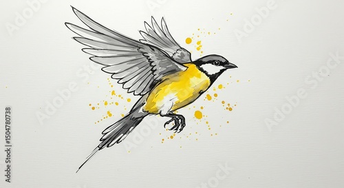 Watercolor illustration of a Great Tit bird in flight with yellow splashes on a white background.