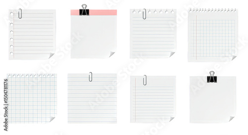 A set of eight paper notes in different styles with clips on dark background, studio shot.