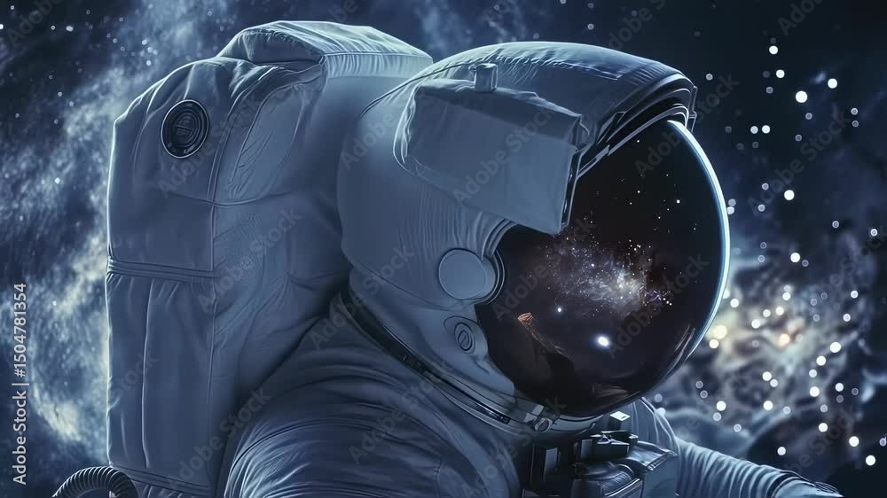 Astronaut wearing spacesuit with american flag patch observes galaxy through helmet visor, with subtle movements and changing perspectives in space
