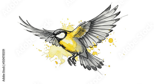 Dynamic watercolor illustration of a bird in full flight, its wings spread against black backdrop.