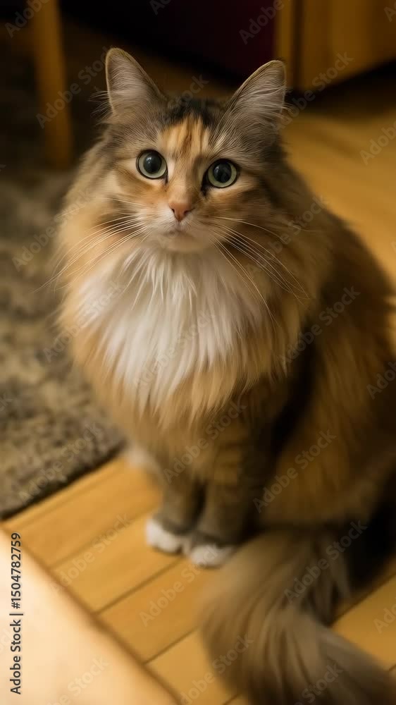 Portrait of a long haired calico cat with green eyes sitting indoors on a wooden floor looking at the camera with a neutral expression. Portrait of a long haired calico cat with green eyes sitting indoors on a wooden floor looking at the camera with a neutral expression.