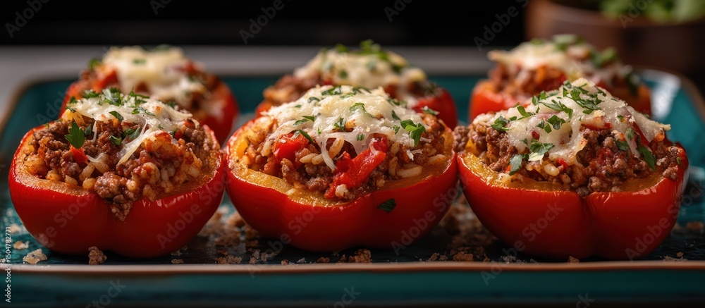 Delectable stuffed red bell peppers filled with savory rice, meat, and melted cheese offer a nutritious meal Delectable stuffed red bell peppers filled with savory rice, meat, and melted cheese offer a nutritious meal