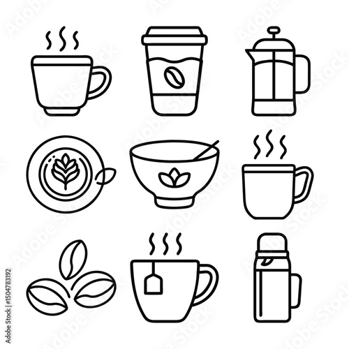 Coffee & Tea Icon Set – Hot Beverage Vector Collection