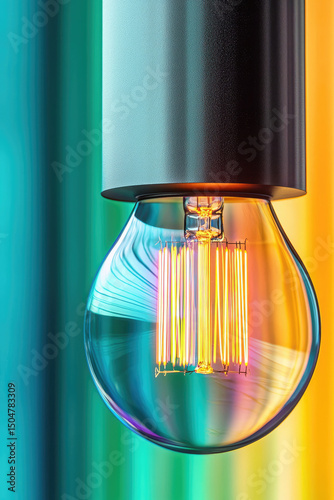 A glowing light bulb is hanging while displaying a spectrum of vibrant colors. Concept of creativity and illumination