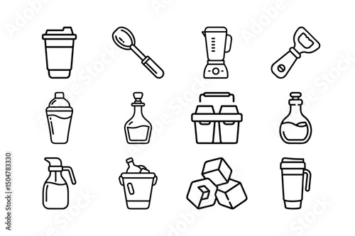 Drink Accessories & Containers Icon Set – Cups, Bottles, Straws & Glassware