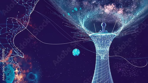 Cosmic digital tower reaching for the stars, intricate network