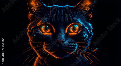 Close-up of a cat's head in neon light. Digital image on a black background. The eyes are glowing with lights.