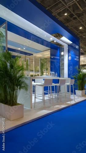 Modern trade show exhibit booth with blue and white color scheme, potted plants, and bar stools, set against a blurred background.