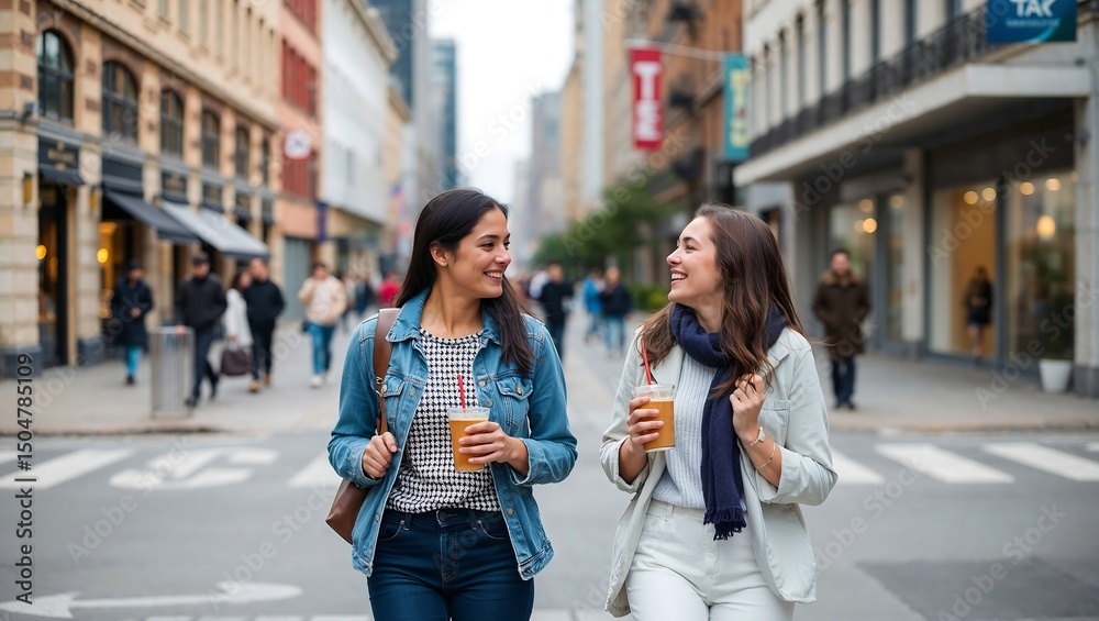 Naklejka premium Two friends are walking leisurely down a city street while carrying coffee drinks and laughing together,person,coffe