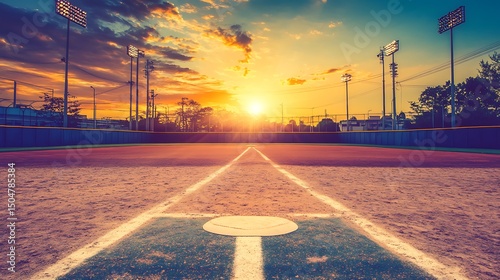 Baseball field at sunset with dramatic lighting