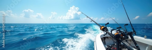 Blue sea panoramic view, boat fishing with trolling rod and reels, calm, summer