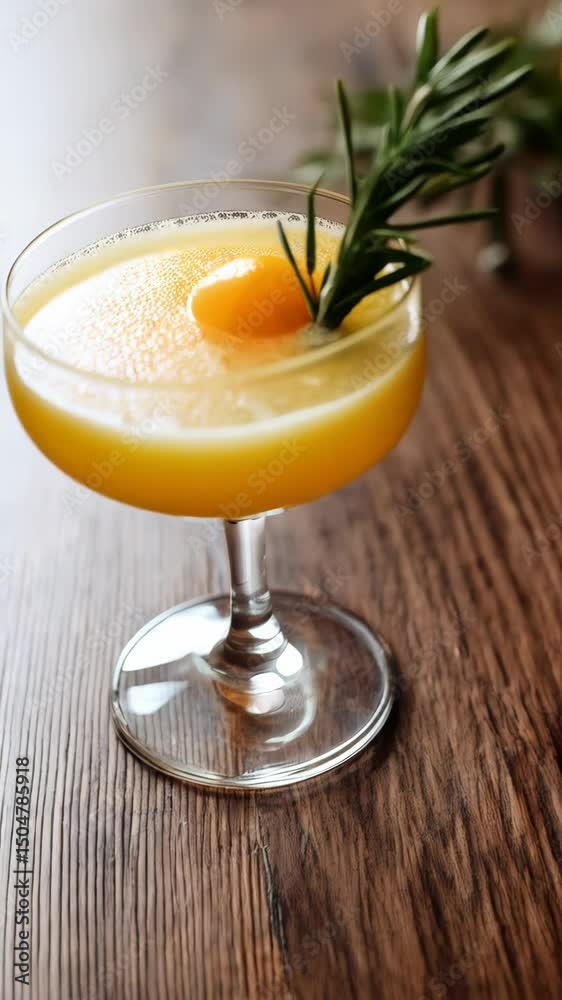 Elegant cocktail in glass with orange liquor, garnish of rosemary sprig and small orange fruit, set on rustic wooden table Elegant cocktail in glass with orange liquor, garnish of rosemary sprig and small orange fruit, set on rustic wooden table