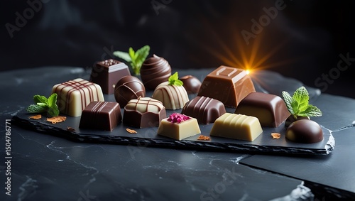 Luxury chocolates with mint leaves on dramatic high-contrast background photo