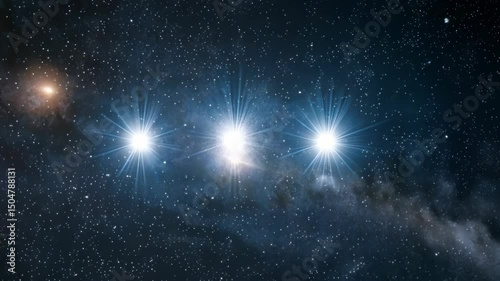 Cosmic alignment of three bright stars against a night sky filled with nebulae and distant stars