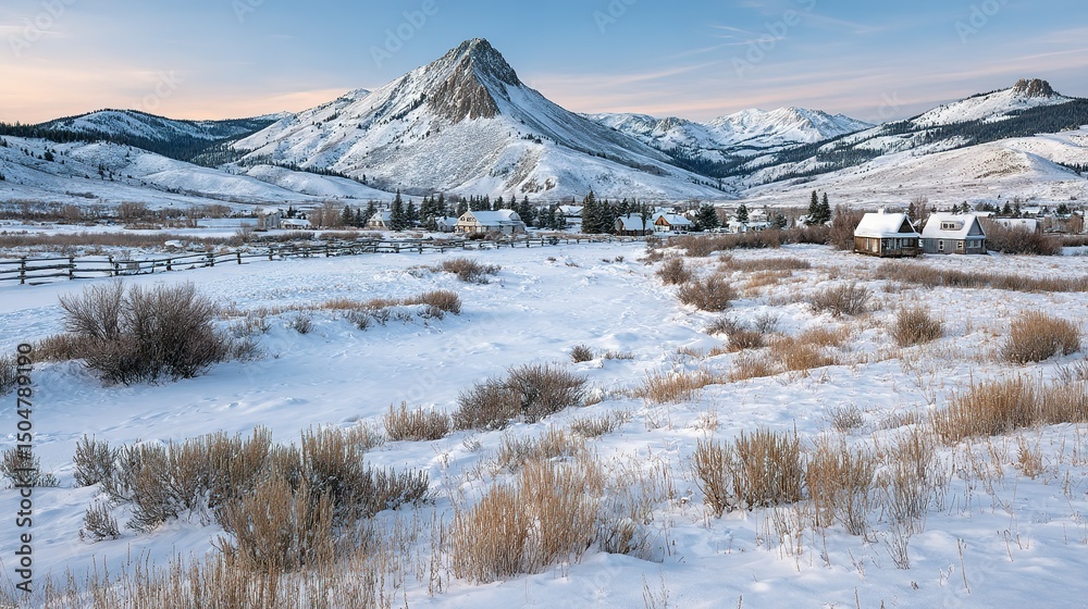 Fototapeta premium Snowy winter landscape with mountain village nestled in a valley.