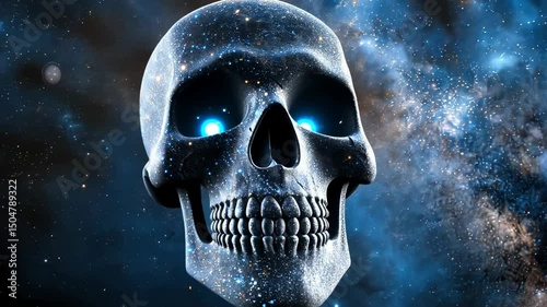Cosmic skull, a stylized skull set against a backdrop of nebulae and stars, with a glowing blue eye
