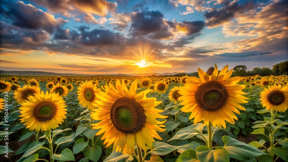 Fototapeta premium A sun-kissed field of sunflowers reaching towards the bright evening sky.