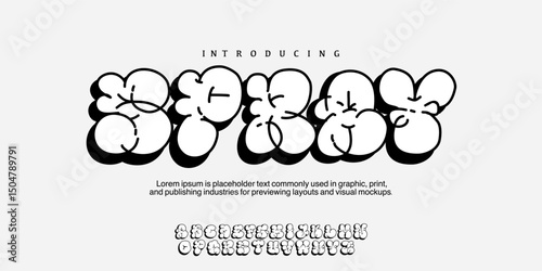 Spray Graffiti throw up font A-Z vector in bubble style. Urban, bold, and editable. Perfect for street art, hip hop designs, posters, apparel, and digital artwork. EPS file included. bubble font y2k