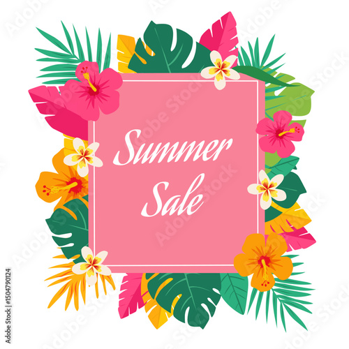 Tropical summer sale banner with colorful flowers and leaves. Bright and cheerful design perfect for seasonal promotions and advertisements