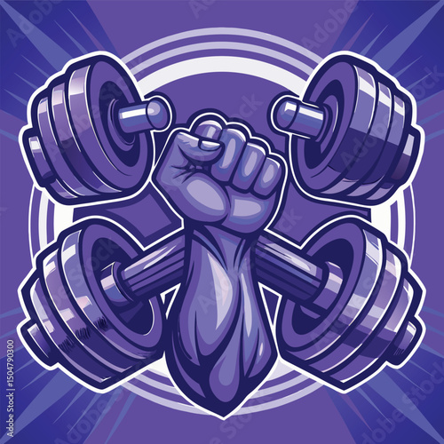 Fitness and Strength Emblem with Dumbbells and Raised Fist