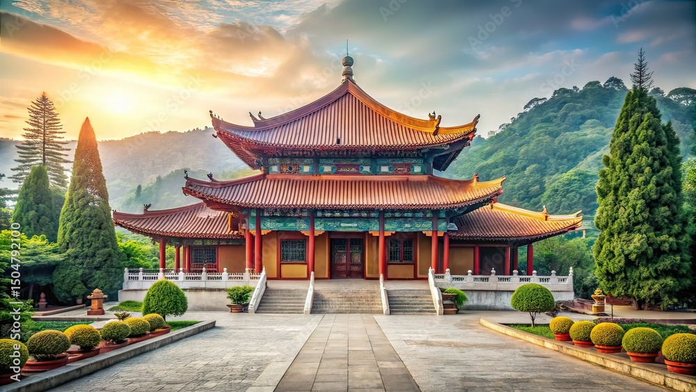 Fototapeta premium Minimalist Chinese Temple AI Photography, Zen Garden, Ancient Architecture, Asian Spirituality, Tranquil Scenery