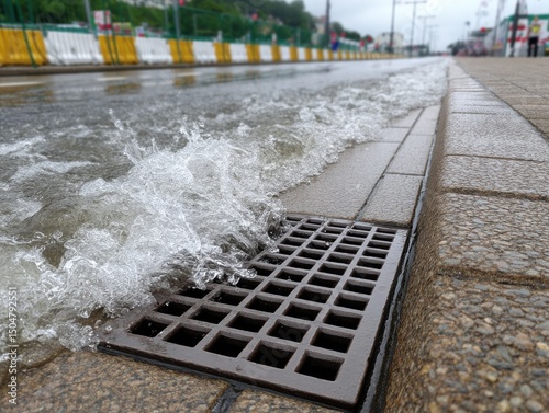 Flood water flowing into a storm drain on a city street, close-up of water gushing into a street drain during heavy rain.