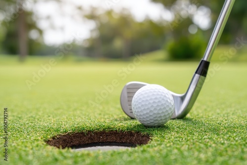 Golf ball by the hole, golf club behind it on the green, sunny day on golf course with blurry background.
