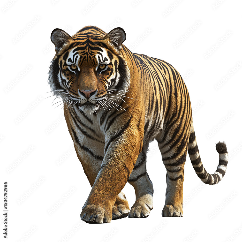 Obraz premium Beautiful bengal tiger standing and looking forward wildlife animal feline isolated on transparent background 