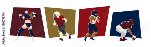 Character illustration of female american football players. Athlete showing different movement and pose. Flat vector cartoon.