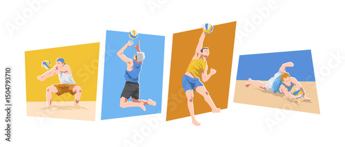 Female beach volleyball player character set illustration. Sport, game, summer. Flat cartoon vector graphic.