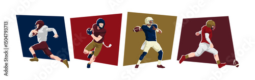 Character illustration of male american football player. Athlete showing different movement and pose. Flat vector cartoon.