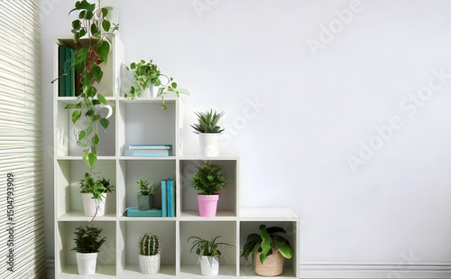 Green potted houseplants and decor on shelves near white wall indoors, space for text