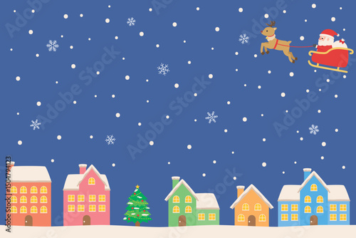 クリスマスの街並みとサンタクロースのイラスト