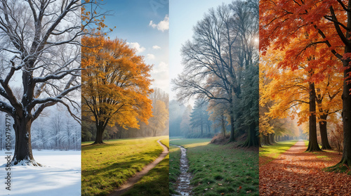 collage in one photo with beautiful nature four seasons winter, spring, summer and autumn of the same location from one angle