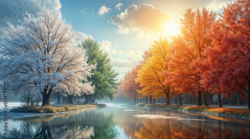 collage in one photo with beautiful nature four seasons winter, spring, summer and autumn of the same location from one angle