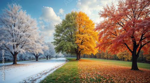 collage in one photo with beautiful nature four seasons winter, spring, summer and autumn of the same location from one angle