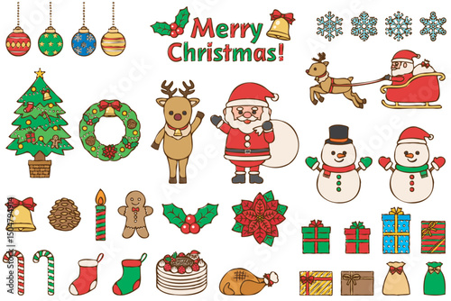 かわいいクリスマスの手描きイラスト素材セット