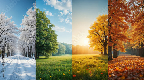 collage in one photo with beautiful nature four seasons winter, spring, summer and autumn of the same location from one angle