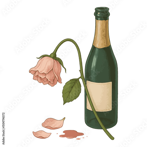 Champagne Bottle and Wilted Rose – Vector of Sad Celebration After Breakup
