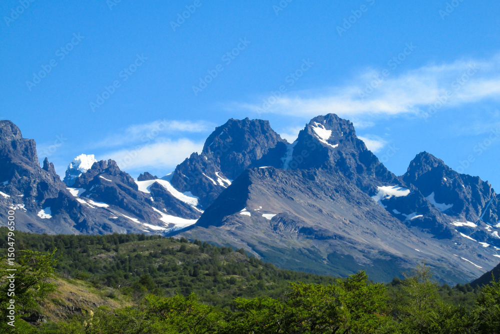 Obraz premium Torres del Paine national park in Patagonia Andes, Chile. South America mountain landscape. Beautiful mountains Torres del Paine on sunny day clear sky at sunrise. Glacier Grey from Paso John Gardner