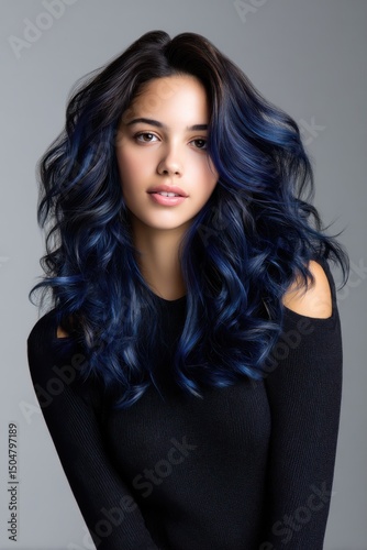 A woman with long blue hair is posing for a photo