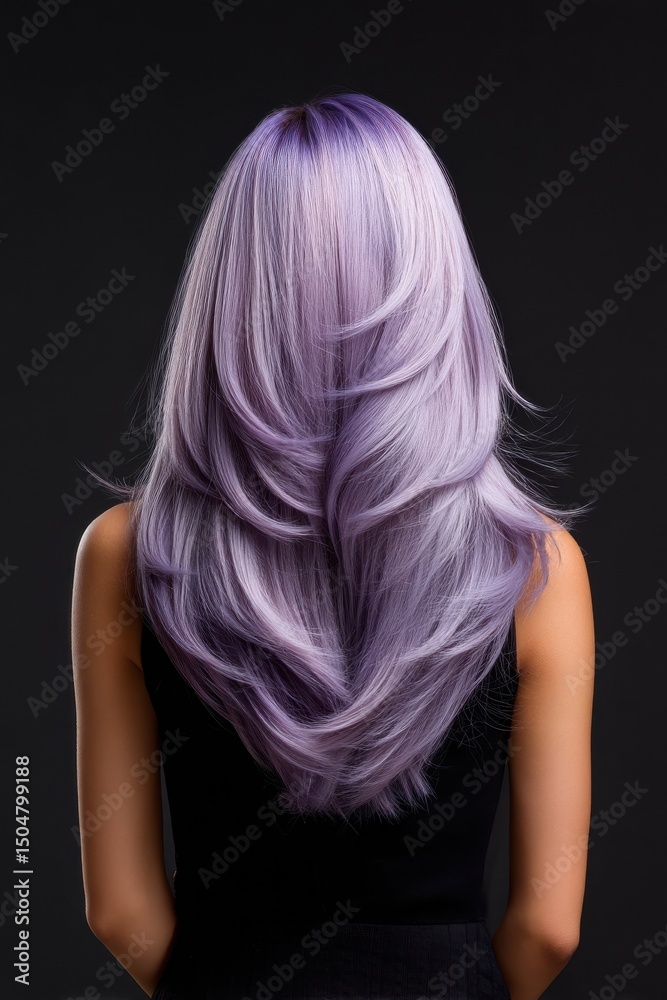 Naklejka premium A woman with long purple hair is standing in front of a black background