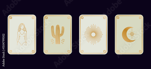 Collection of mystical minimalist tarot card designs featuring feminine figure, cactus, sunburst, and moon icons. Ideal for spiritual, desert, and cosmic themes.