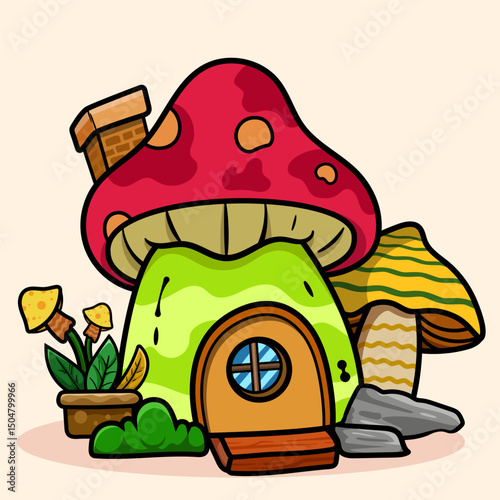 Whimsical Doodle Mushroom House Fairy cartoon of fantasy landscape with cute tale or game home for coloring pages, tshirt and education
