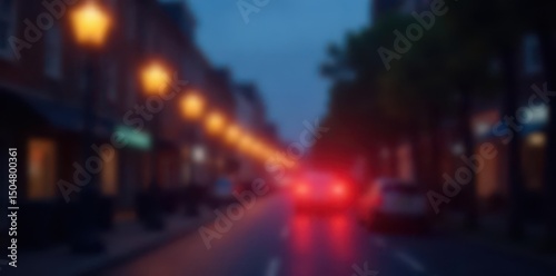Street lamps glow, background softly out of focus, out of focus, road